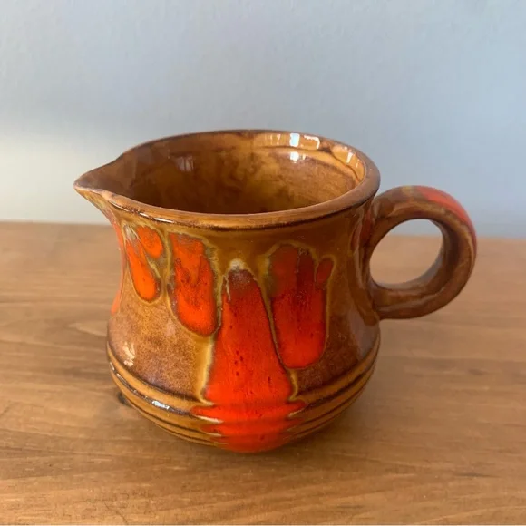 Bar Harbor Pottery 3.25” Creamer Pitcher Maine Vintage Retro Brown Orange Drip - Picture 2 of 11